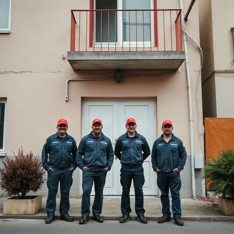 Equipo de electricistas uniformados de Sarandisol frente a una vivienda en Las Piedras