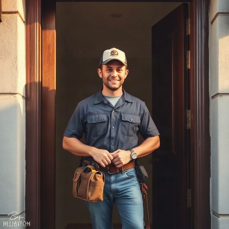 Electricista en la puerta de una vivienda de Las Piedras con maletín de herramientas