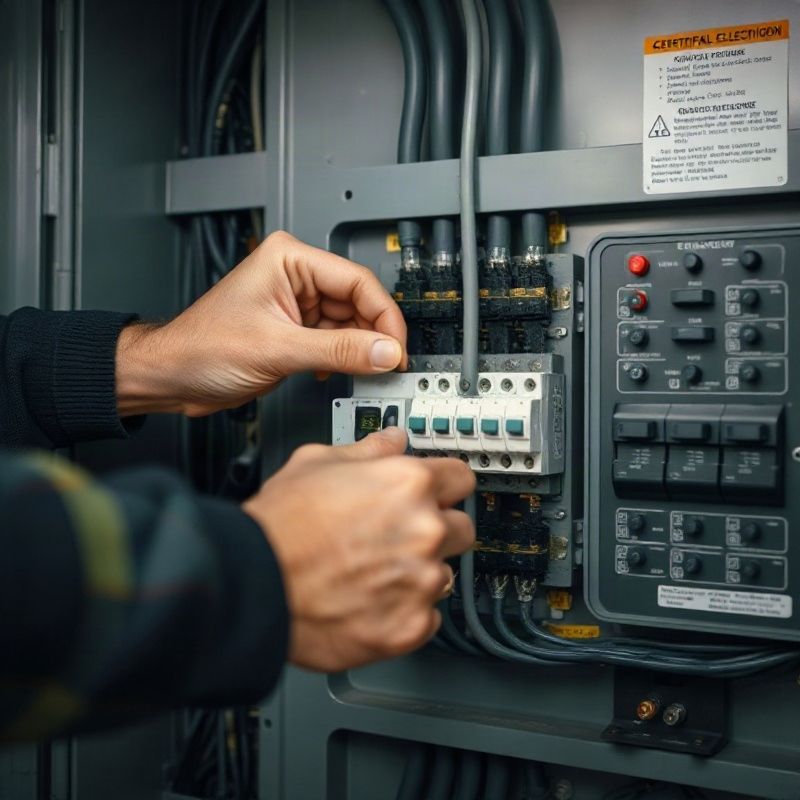 Primer plano de manos de un electricista ajustando una borne en un tablero de distribución
